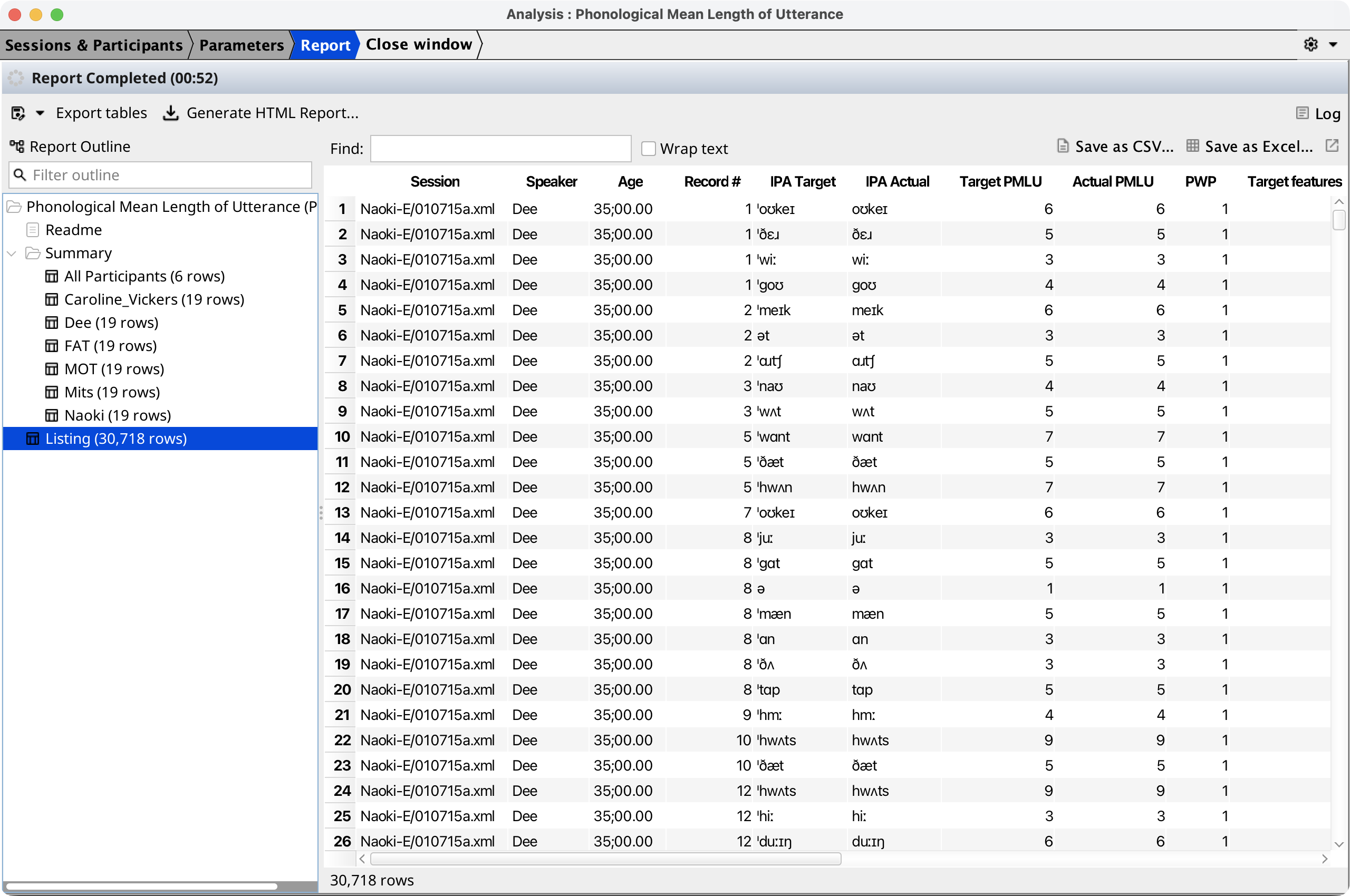 Report step with a table selected in the report outline tree and shown as a grid