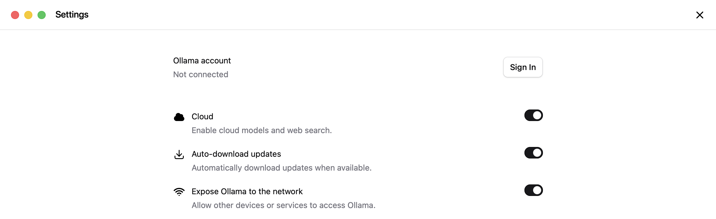 Ollama Settings with the Expose Ollama to the network option turned on