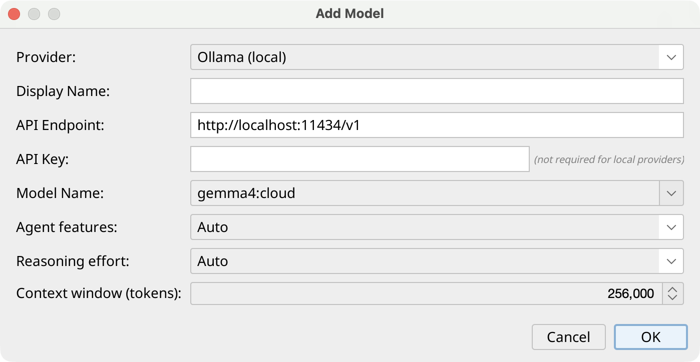 Add Model dialog with the Ollama (local) provider selected